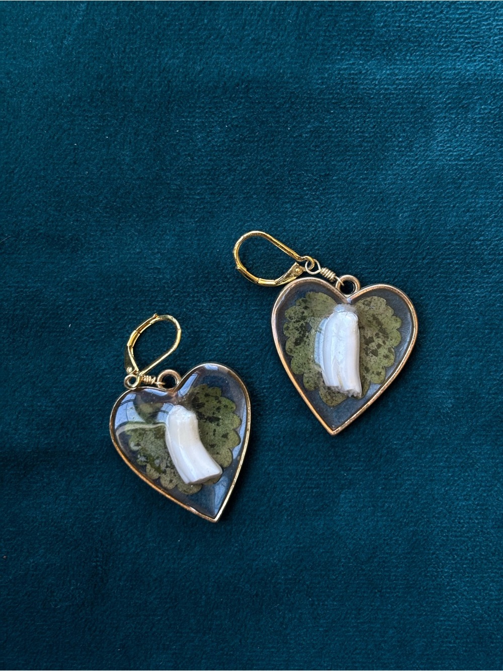 Gold Heart Earrings with Bone and Green Leaf Inlay